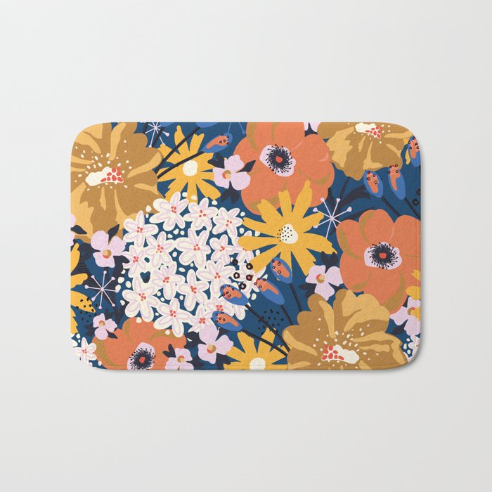 Flowers Hydrangena Poppy Blue Pattern Bath Mat Gallery Image 1