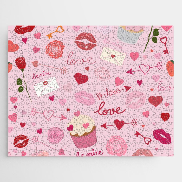 Pink valentine's Day with Kisses, Cupcakes and Roses Jigsaw Puzzle Gallery Image 1