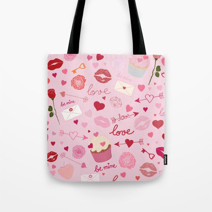 Pink valentine's Day with Kisses, Cupcakes and Roses Tote Bag Gallery Image 1