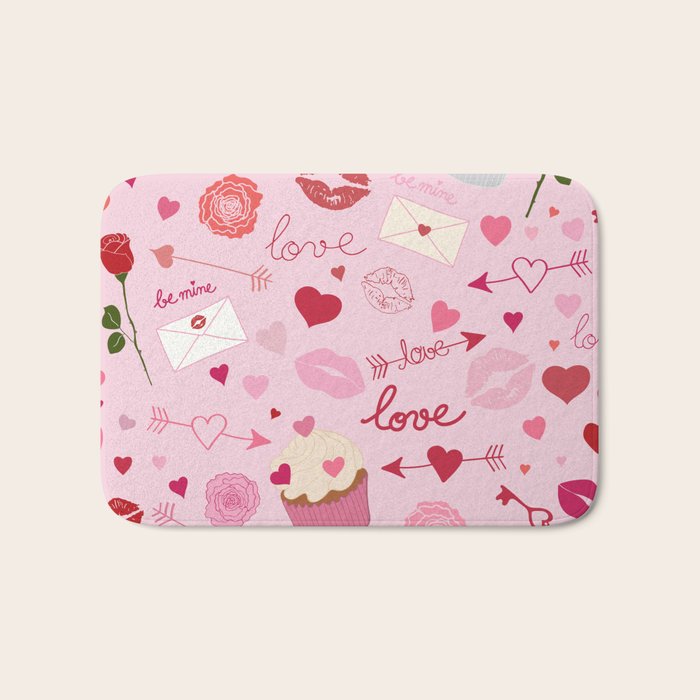 Pink valentine's Day with Kisses, Cupcakes and Roses Bath Mat Gallery Image 1