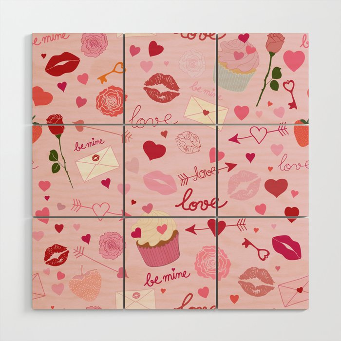 Pink valentine's Day with Kisses, Cupcakes and Roses Wood Wall Art Gallery Image 1