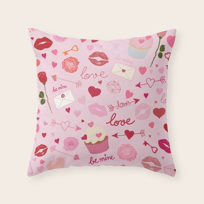 Pink valentine's Day with Kisses, Cupcakes and Roses Throw Pillow Gallery Image 1