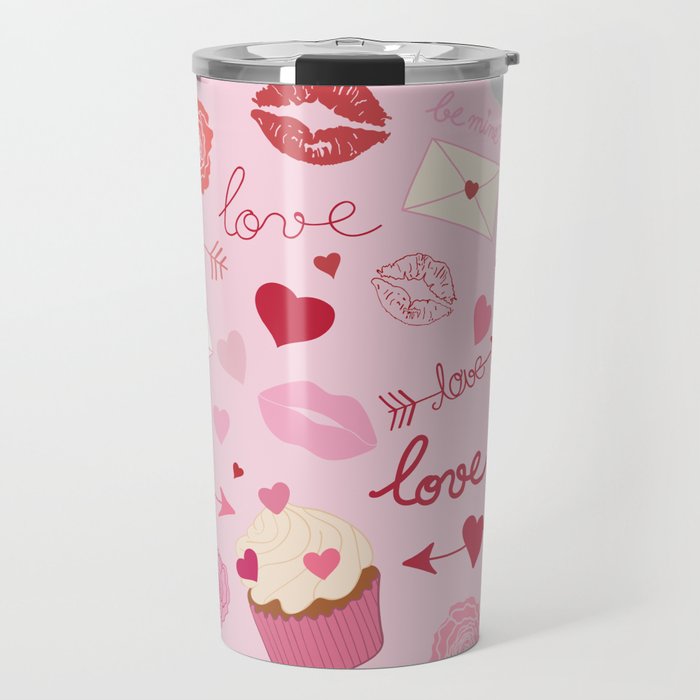 Pink valentine's Day with Kisses, Cupcakes and Roses Travel Mug Gallery Image 1