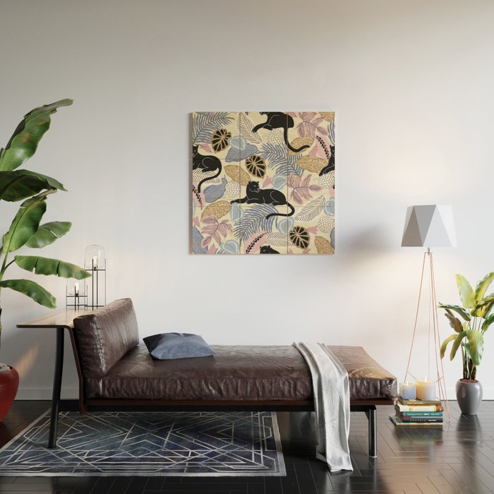 tropical seamless pattern with black leopards Wood Wall Art Gallery Image 2