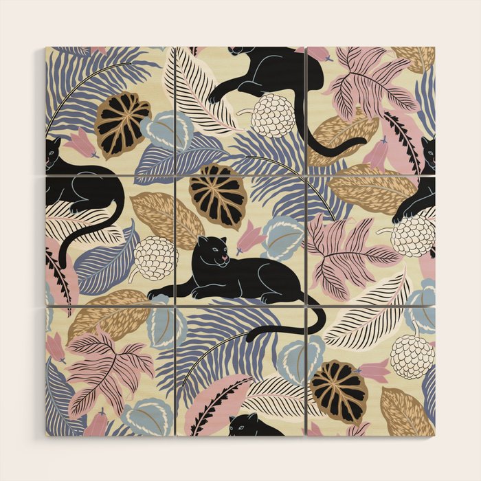 tropical seamless pattern with black leopards Wood Wall Art Gallery Image 1