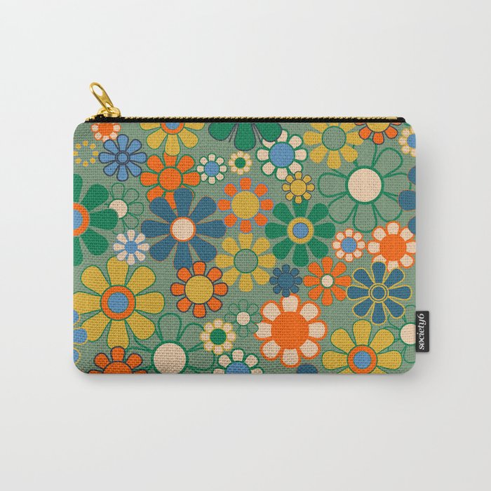 Retro Garden Flowers 60s 70s Floral Pattern in Green Blue Orange Mustard Carry All Pouch Gallery Image 1