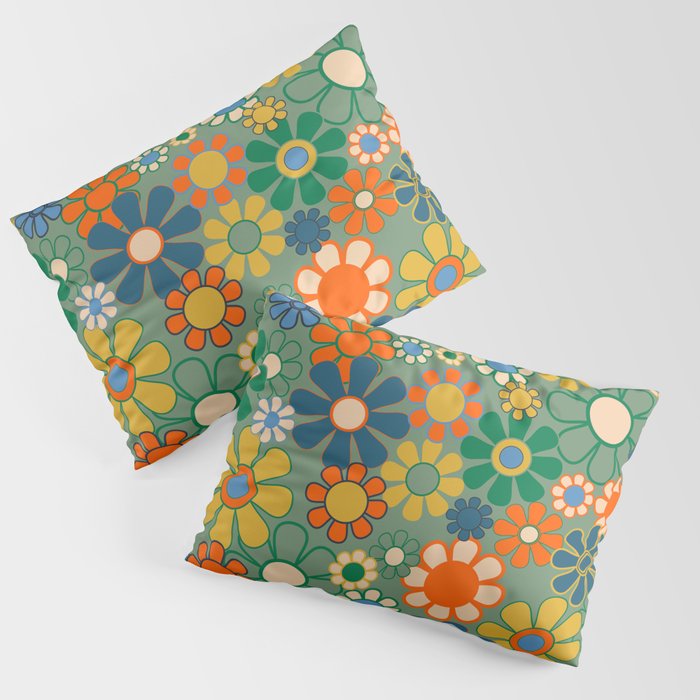 Retro Garden Flowers 60s 70s Floral Pattern in Green Blue Orange Mustard Pillow Sham Gallery Image 3
