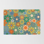 Retro Garden Flowers 60s 70s Floral Pattern in Green Blue Orange Mustard Rug Gallery Image 2
