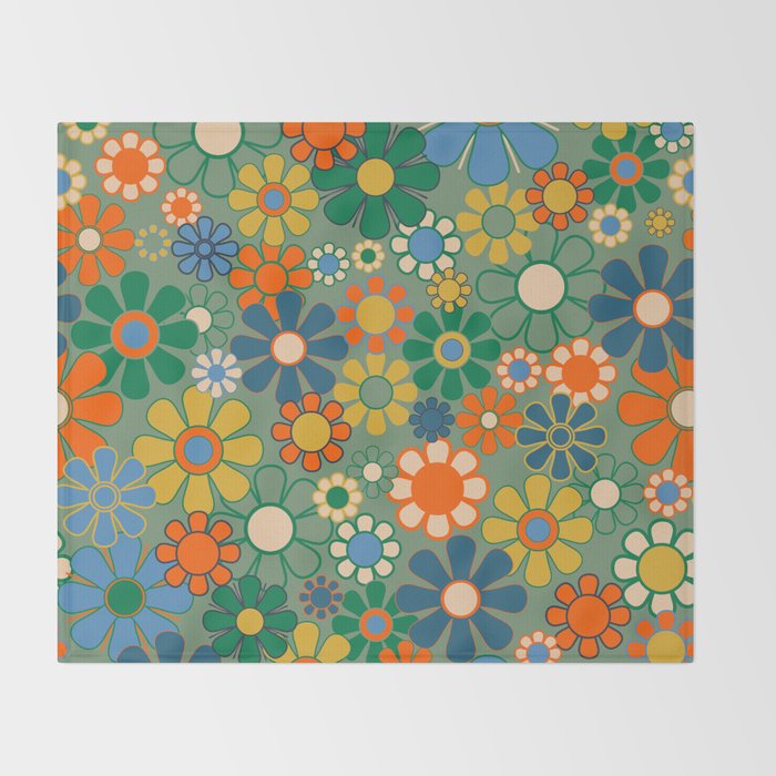 Retro Garden Flowers 60s 70s Floral Pattern in Green Blue Orange Mustard Throw Blanket Gallery Image 2
