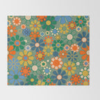 Retro Garden Flowers 60s 70s Floral Pattern in Green Blue Orange Mustard Throw Blanket Gallery Image 2