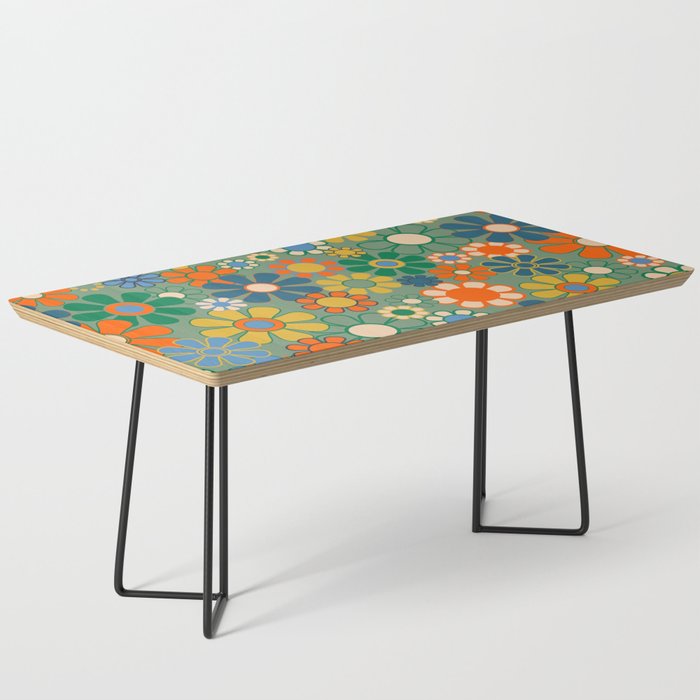 Retro Garden Flowers 60s 70s Floral Pattern in Green Blue Orange Mustard Coffee Table Gallery Image 1