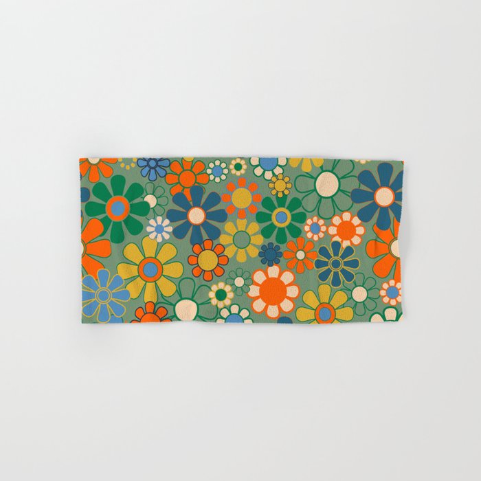 Retro Garden Flowers 60s 70s Floral Pattern in Green Blue Orange Mustard Bath Towel Gallery Image 1
