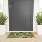 Retro Garden Flowers 60s 70s Floral Pattern in Green Blue Orange Mustard Welcome Mat Gallery Image 3