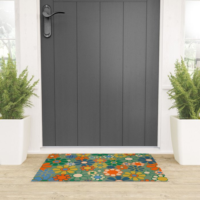 Retro Garden Flowers 60s 70s Floral Pattern in Green Blue Orange Mustard Welcome Mat Gallery Image 3