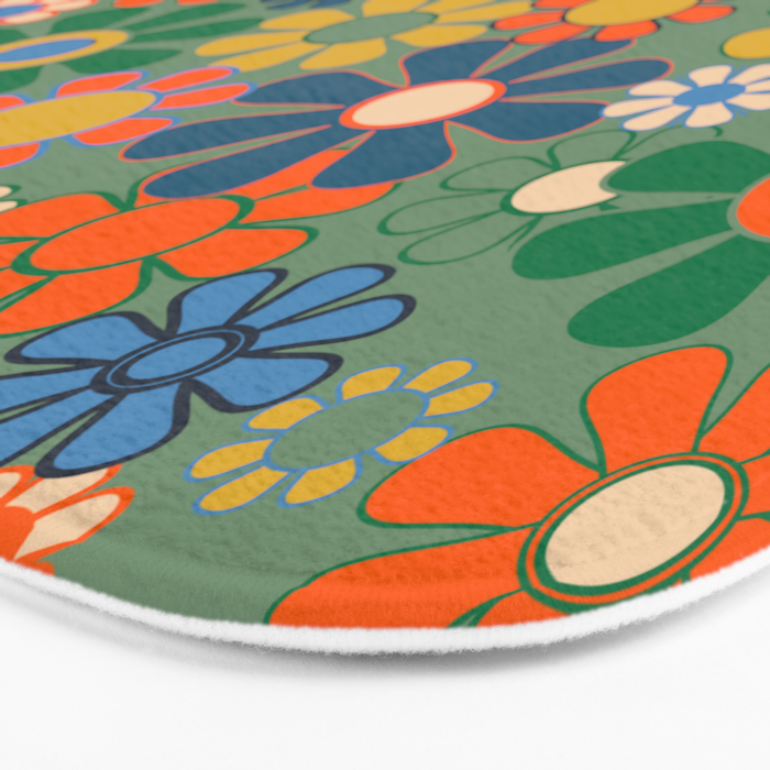 Retro Garden Flowers 60s 70s Floral Pattern in Green Blue Orange Mustard Bath Mat Gallery Image 3