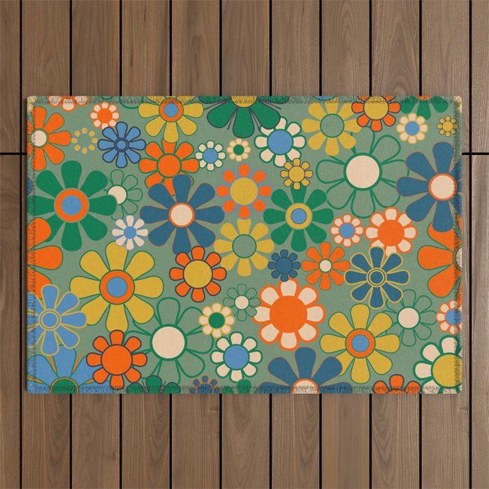 Retro Garden Flowers 60s 70s Floral Pattern in Green Blue Orange Mustard Outdoor Rug Gallery Image 1