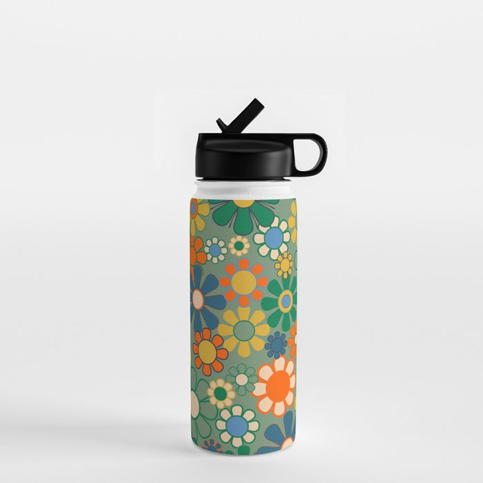 Retro Garden Flowers 60s 70s Floral Pattern in Green Blue Orange Mustard Water Bottle Gallery Image 1