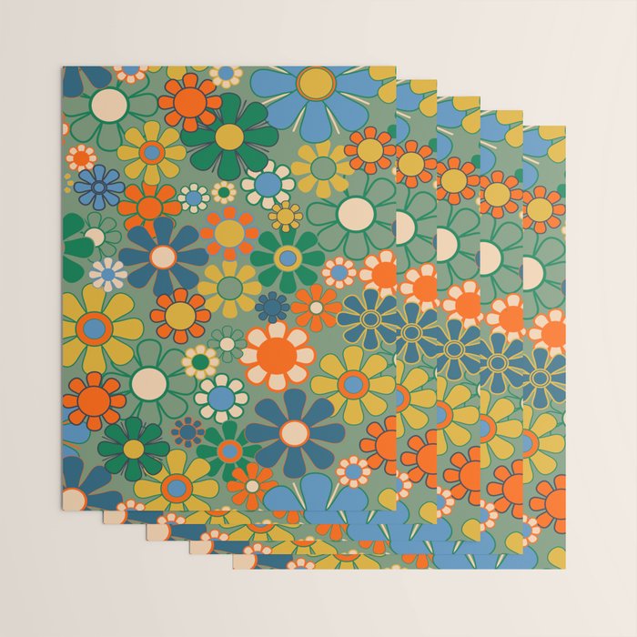 Retro Garden Flowers 60s 70s Floral Pattern in Green Blue Orange Mustard Wrapping Paper Gallery Image 3