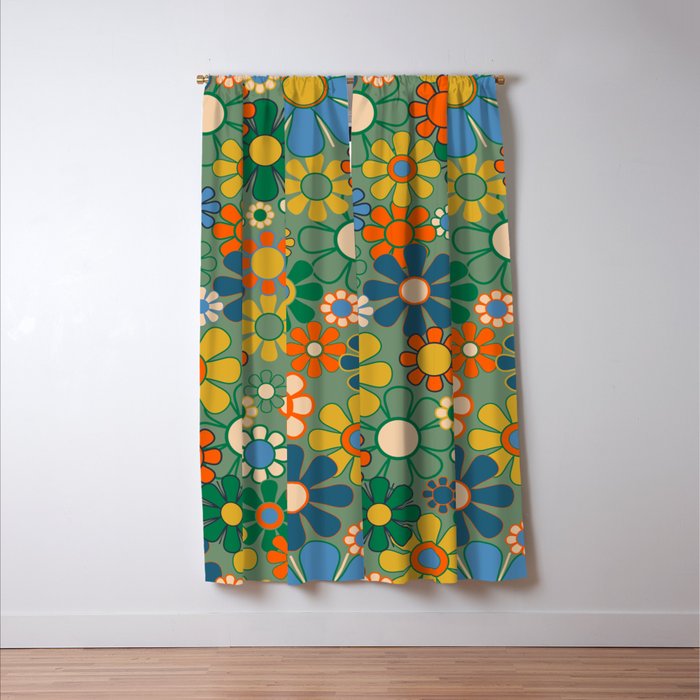 Retro Garden Flowers 60s 70s Floral Pattern in Green Blue Orange Mustard Window Curtain Gallery Image 3