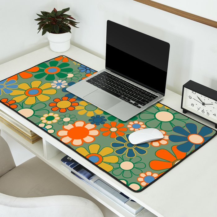 Retro Garden Flowers 60s 70s Floral Pattern in Green Blue Orange Mustard Desk Mat Gallery Image 2