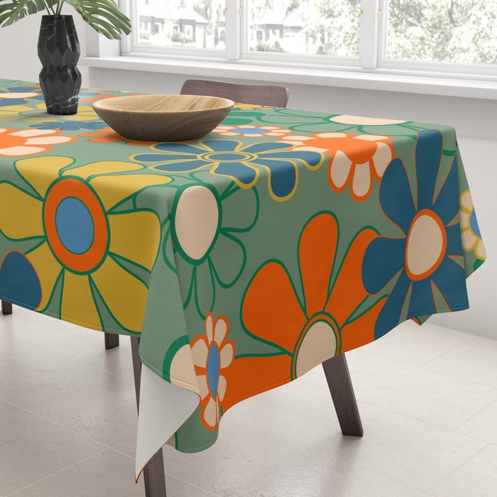 Retro Garden Flowers 60s 70s Floral Pattern in Green Blue Orange Mustard Tablecloth Gallery Image 3