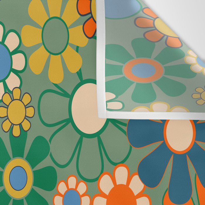 Retro Garden Flowers 60s 70s Floral Pattern in Green Blue Orange Mustard Wall Tapestry Gallery Image 3