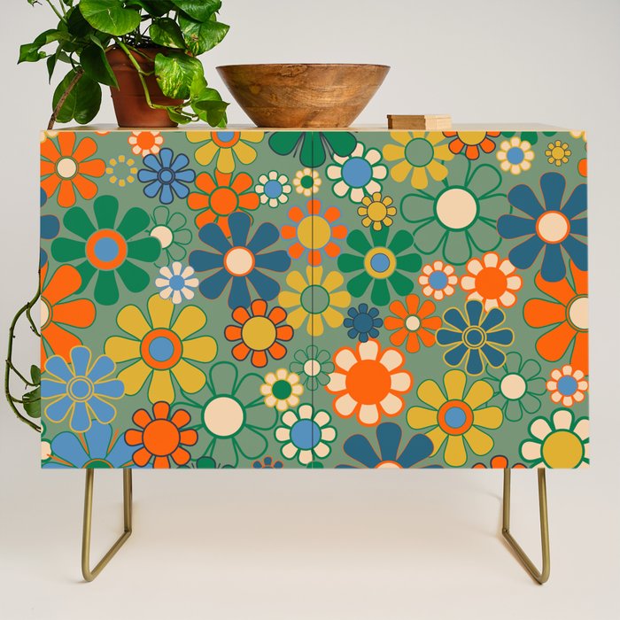 Retro Garden Flowers 60s 70s Floral Pattern in Green Blue Orange Mustard Credenza Gallery Image 1