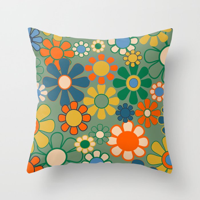 Retro Garden Flowers 60s 70s Floral Pattern in Green Blue Orange Mustard Throw Pillow Gallery Image 1
