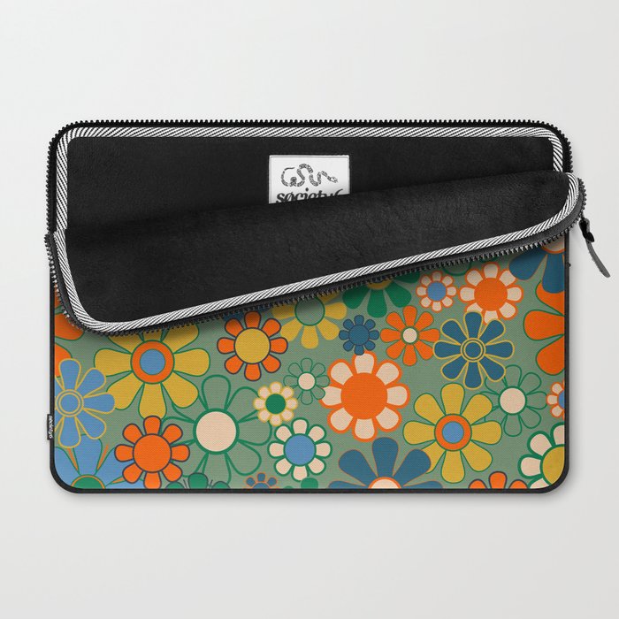 Retro Garden Flowers 60s 70s Floral Pattern in Green Blue Orange Mustard Laptop Sleeve Gallery Image 2