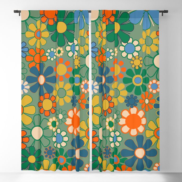 Retro Garden Flowers 60s 70s Floral Pattern in Green Blue Orange Mustard Window Curtain Gallery Image 5