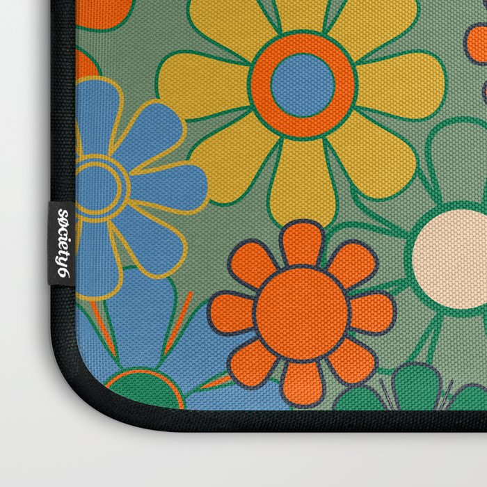 Retro Garden Flowers 60s 70s Floral Pattern in Green Blue Orange Mustard Laptop Sleeve Gallery Image 3