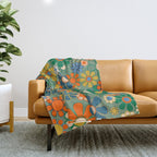 Retro Garden Flowers 60s 70s Floral Pattern in Green Blue Orange Mustard Throw Blanket Gallery Image 1