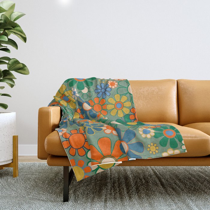 Retro Garden Flowers 60s 70s Floral Pattern in Green Blue Orange Mustard Throw Blanket Gallery Image 1