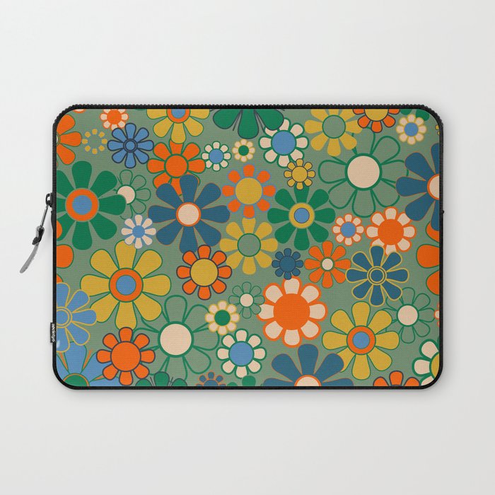 Retro Garden Flowers 60s 70s Floral Pattern in Green Blue Orange Mustard Laptop Sleeve Gallery Image 1