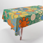 Retro Garden Flowers 60s 70s Floral Pattern in Green Blue Orange Mustard Tablecloth Gallery Image 1