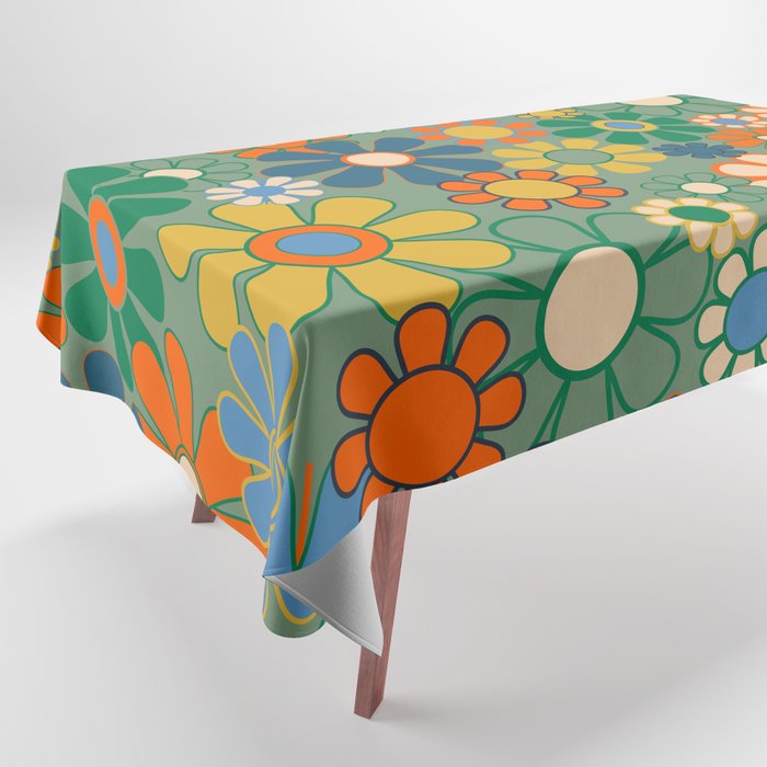 Retro Garden Flowers 60s 70s Floral Pattern in Green Blue Orange Mustard Tablecloth Gallery Image 1