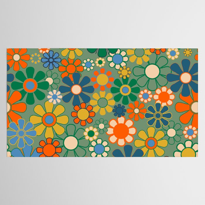 Retro Garden Flowers 60s 70s Floral Pattern in Green Blue Orange Mustard Tablecloth Gallery Image 2