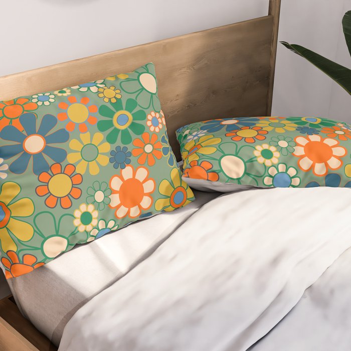 Retro Garden Flowers 60s 70s Floral Pattern in Green Blue Orange Mustard Pillow Sham Gallery Image 2
