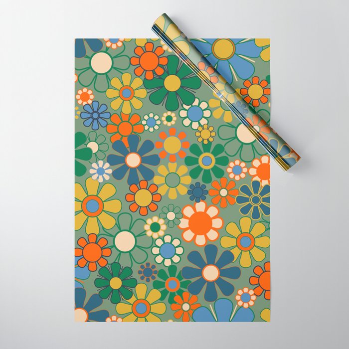 Retro Garden Flowers 60s 70s Floral Pattern in Green Blue Orange Mustard Wrapping Paper Gallery Image 1
