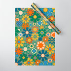 Retro Garden Flowers 60s 70s Floral Pattern in Green Blue Orange Mustard Wrapping Paper Gallery Image 1