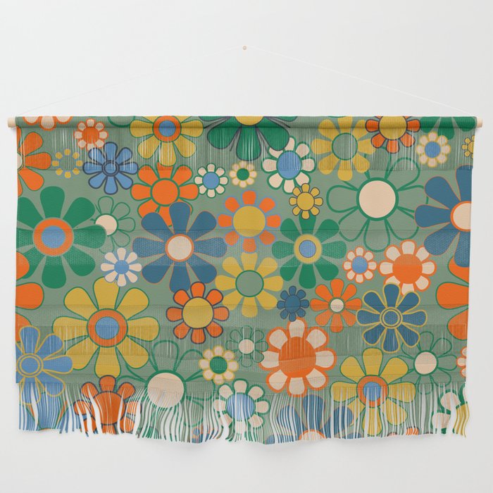 Retro Garden Flowers 60s 70s Floral Pattern in Green Blue Orange Mustard Wall Hanging Gallery Image 1
