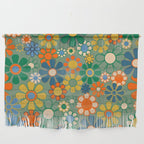 Retro Garden Flowers 60s 70s Floral Pattern in Green Blue Orange Mustard Wall Hanging Gallery Image 1