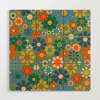 Retro Garden Flowers 60s 70s Floral Pattern in Green Blue Orange Mustard Wood Wall Art Gallery Image 1