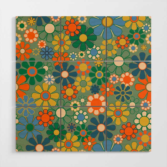 Retro Garden Flowers 60s 70s Floral Pattern in Green Blue Orange Mustard Wood Wall Art Gallery Image 1