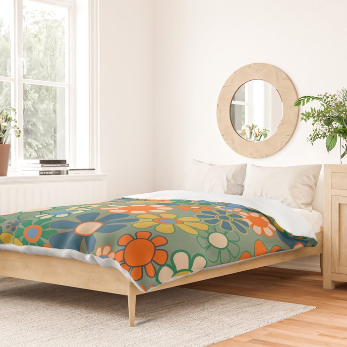 Retro Garden Flowers 60s 70s Floral Pattern in Green Blue Orange Mustard Duvet Cover Gallery Image 2