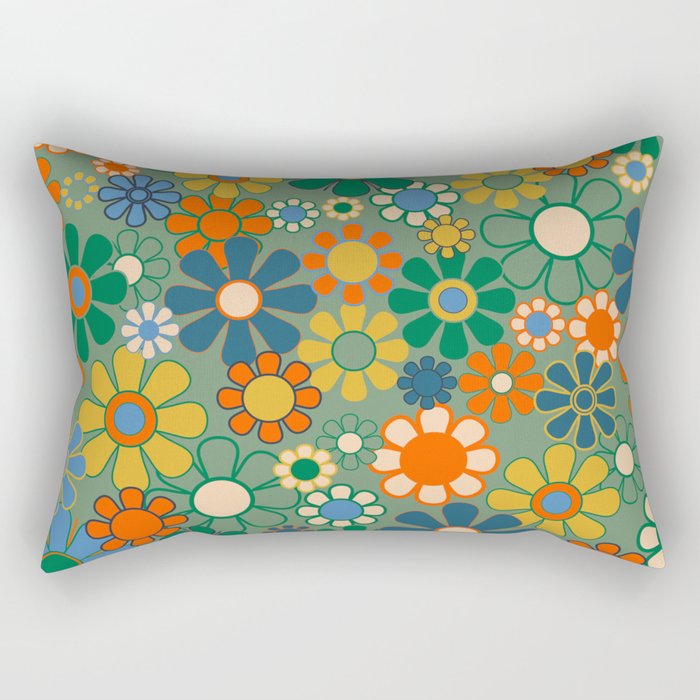 Retro Garden Flowers 60s 70s Floral Pattern in Green Blue Orange Mustard Rectangular Pillow Gallery Image 1