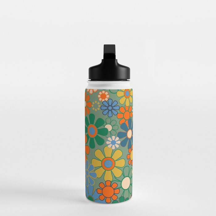 Retro Garden Flowers 60s 70s Floral Pattern in Green Blue Orange Mustard Water Bottle Gallery Image 3