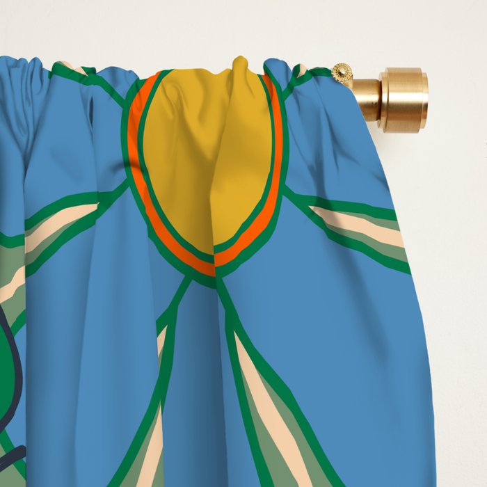 Retro Garden Flowers 60s 70s Floral Pattern in Green Blue Orange Mustard Window Curtain Gallery Image 2