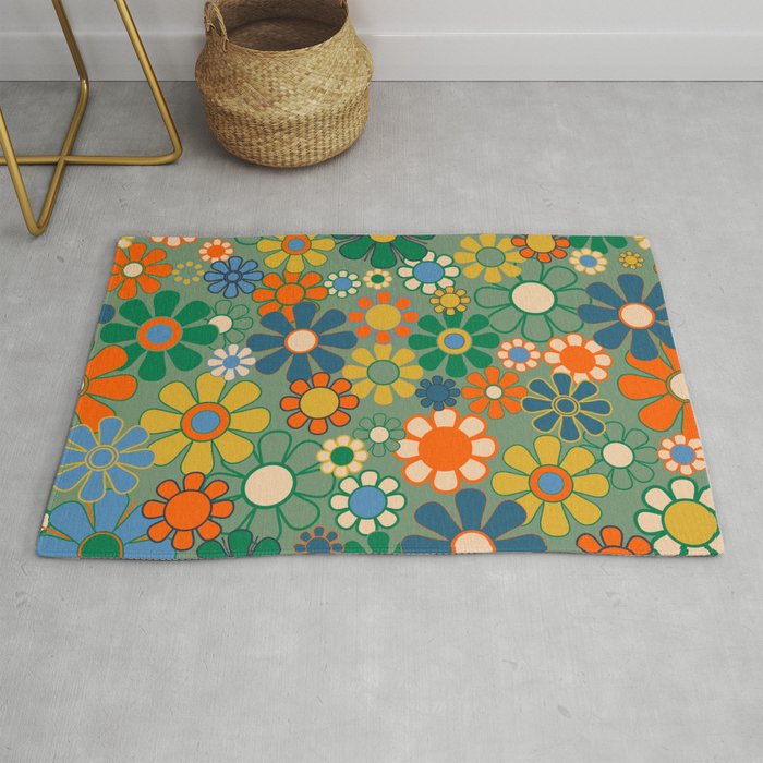 Retro Garden Flowers 60s 70s Floral Pattern in Green Blue Orange Mustard Rug Gallery Image 1