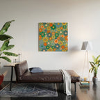 Retro Garden Flowers 60s 70s Floral Pattern in Green Blue Orange Mustard Wood Wall Art Gallery Image 2